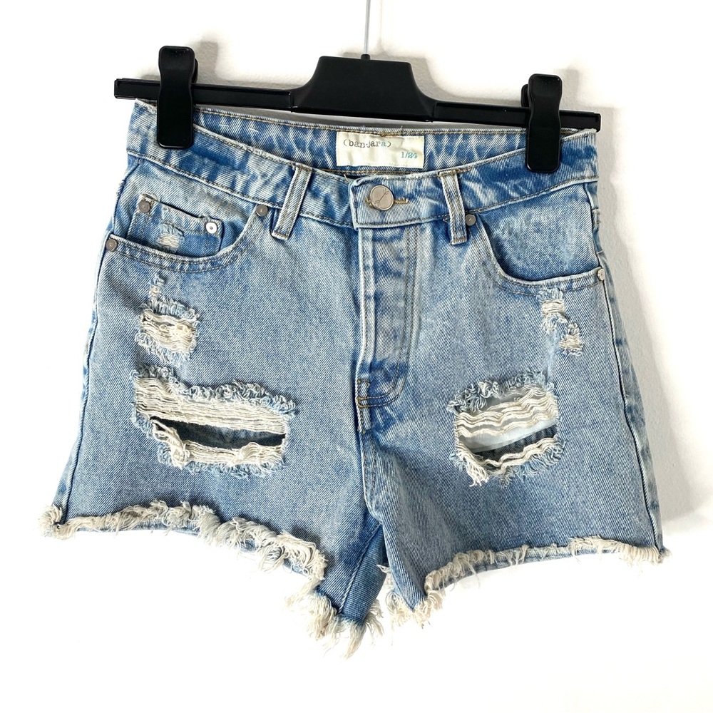 Banjara High Waist Button Fly Jean Shorts Distressed Frayed Hem Denim